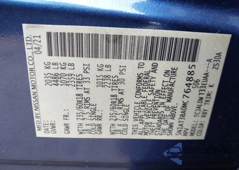 2021 Nissan Rogue Sv Fwd из США, поврежденный, VIN 5N1AT3BA0MC764885